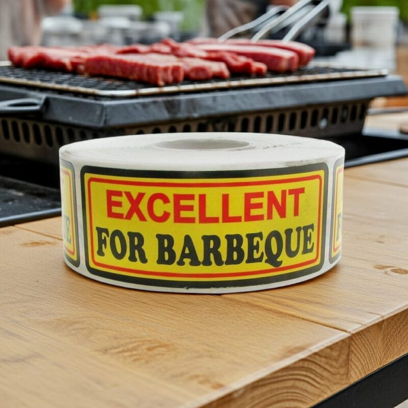 500471-Excellent-For-Barbeque-Label-Stickers excellent for barbecue sticker on a yellow, red, and black butcher label