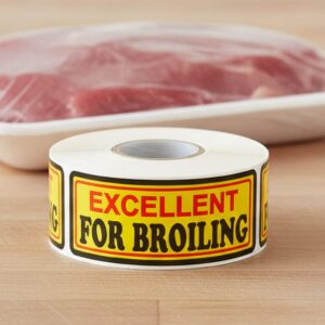 excellent for broiling sticker on a yellow, red, and black butcher label
