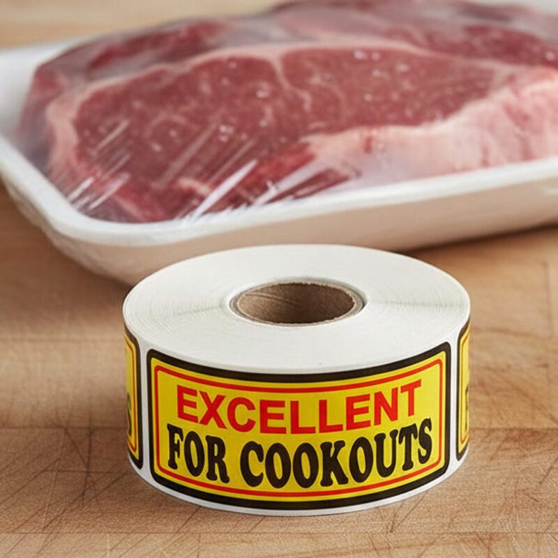 500474-Excellent-For-Cookout-Label-Stickers excellent for cookouts sticker on a yellow, red, and black butcher label