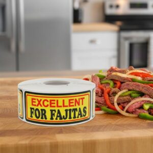 excellent for fajitas sticker on a yellow, red, and black butcher label