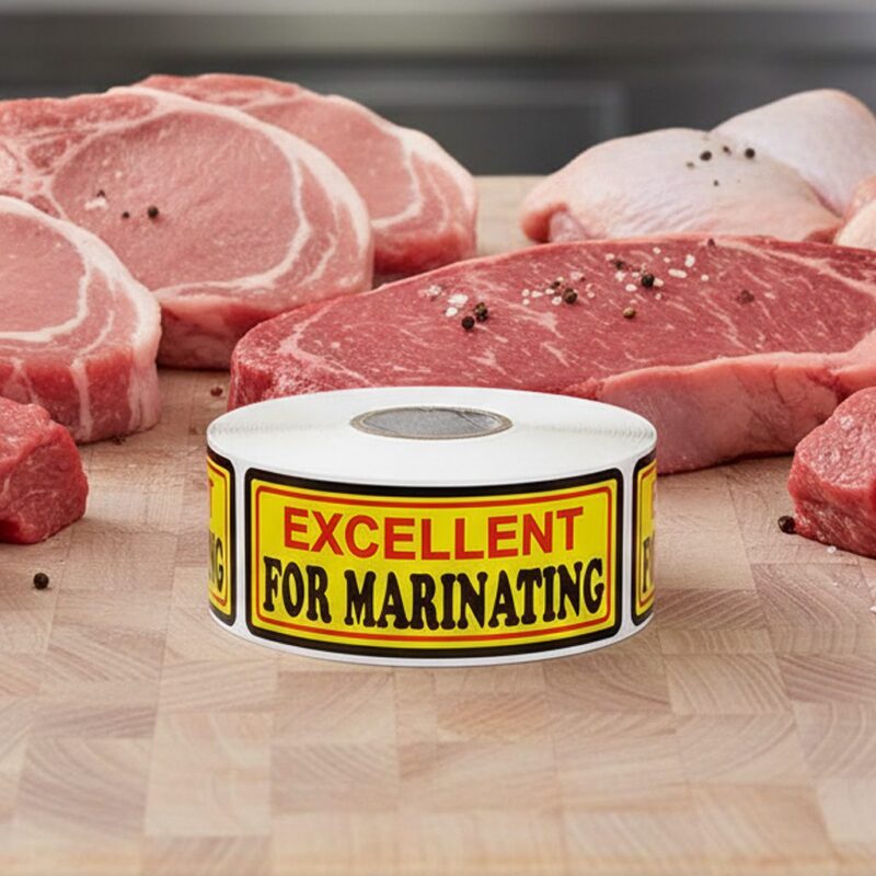 500476-Excellent-For-Marinating-Label-Stickers excellent for marinating sticker on a yellow, red, and black butcher label