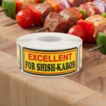 excellent for barbecue shish-kabob on a yellow, red, and black butcher label