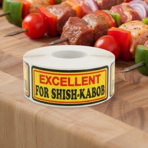 excellent for barbecue shish-kabob on a yellow, red, and black butcher label