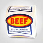 Beef Selected Inspected Satisfaction Guaranteed, red, blue and yellow label