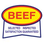 Beef label ribbon sticker that is printed with yellow, red, and blue. Eye-catching design