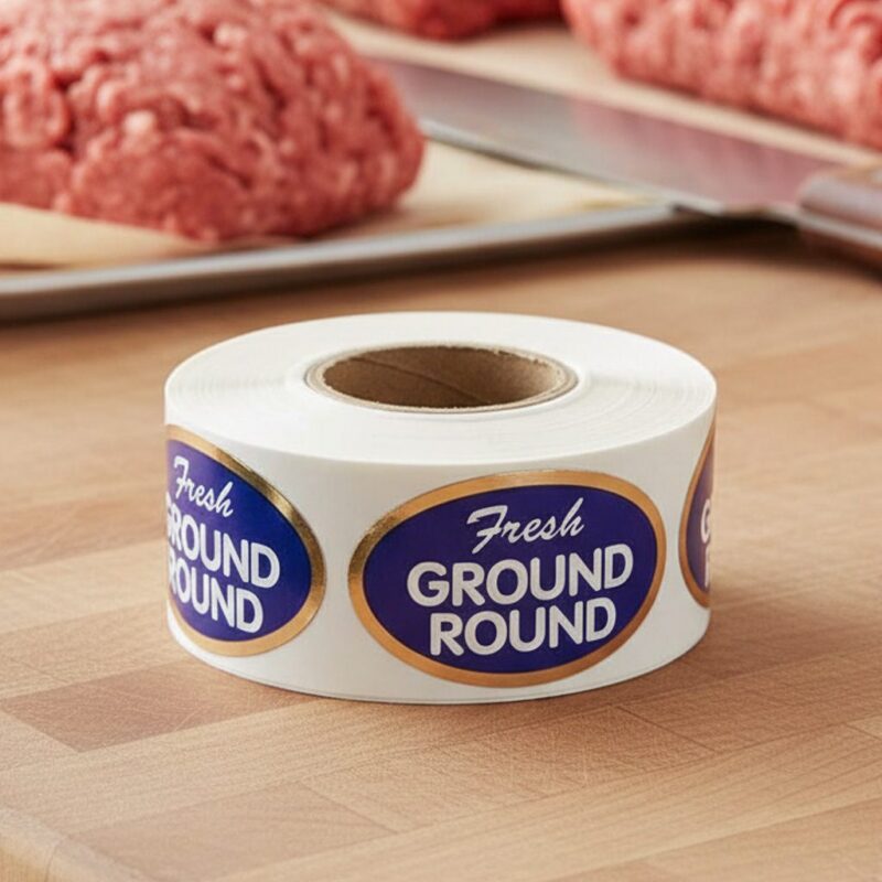 500616-Fresh-Ground-Round-Label-Butcher-Sticker Fresh Ground Round Foil Sticker on a roll of labels