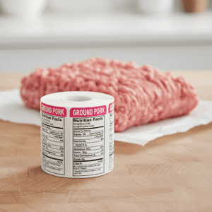 Nutritional Ground Pork Sticker on an upright label