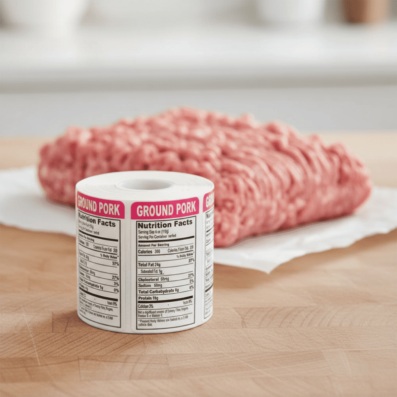 500714-Ground-Pork-Nutritional-Label Nutritional Ground Pork Sticker on an upright label