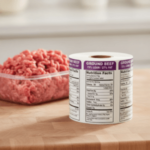 Nutritional Ground Beef Sticker 73 percent lean upright label
