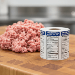 Nutritional Ground Veal Sticker on a vertical label