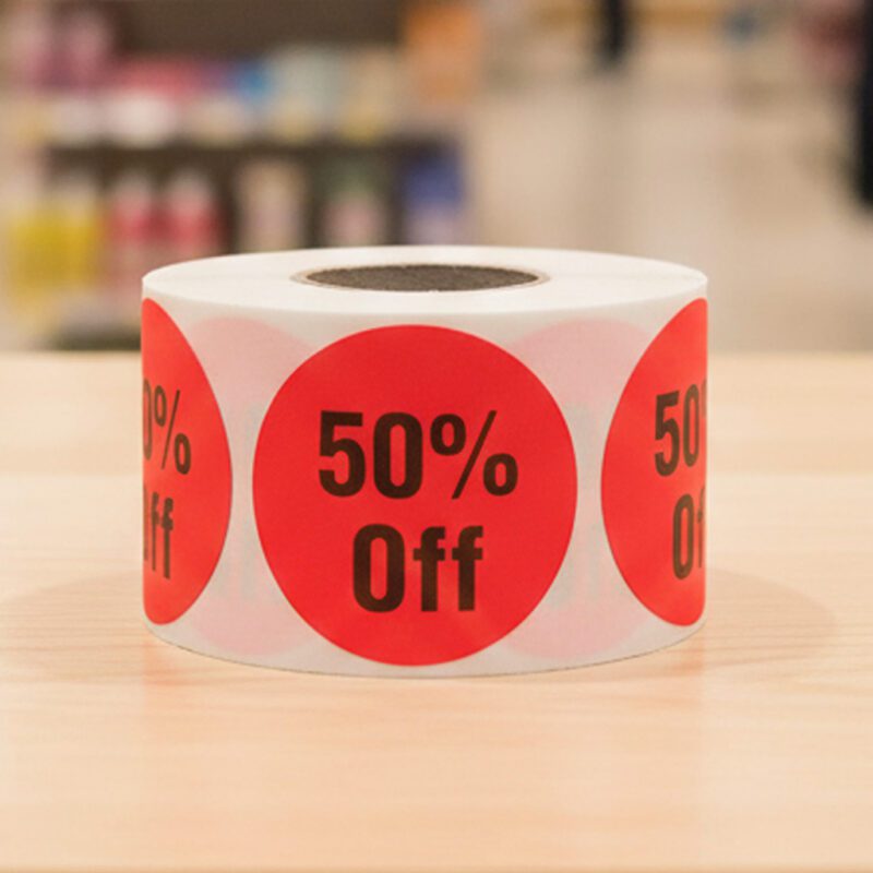 500746-Promotional-sticker-that-reads-_50-Percent-OFF 50 percent off sticker on a round red label with black text
