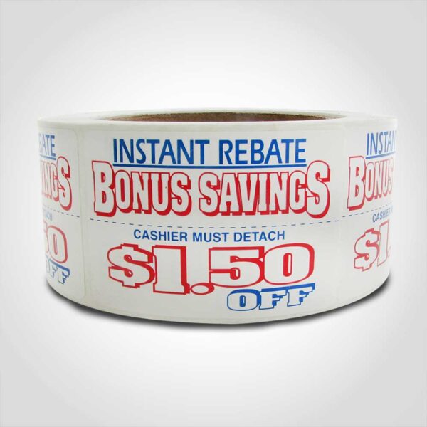 Red, White and Blue $1.50 Off Label 1 roll of 500 stickers