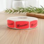 marinated stickers on a roll of red labels with black print