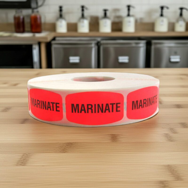 510147-Marinate-Label-Stickers marinate stickers on a roll of red labels with black print