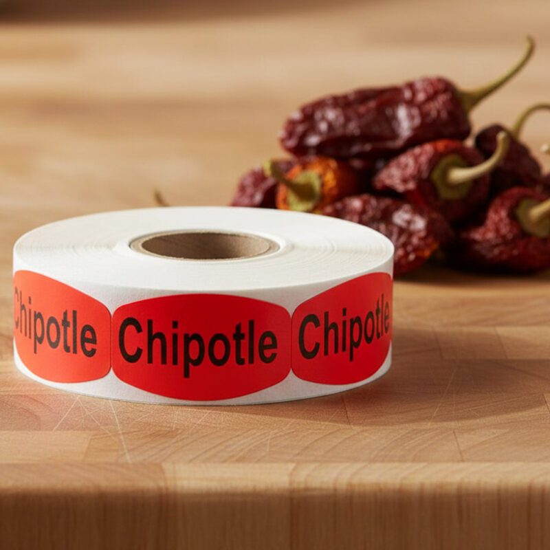 chipotle stickers on a roll of red labels with black print