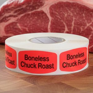 boneless chuck roast sticker on a red label with black print