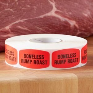boneless rump roast sticker on a red label with black print