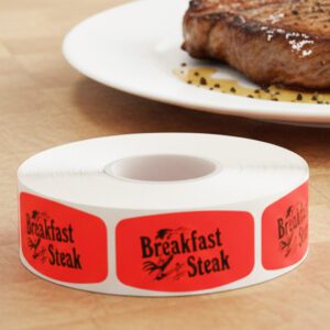 breakfast steak sticker on a red label with black print