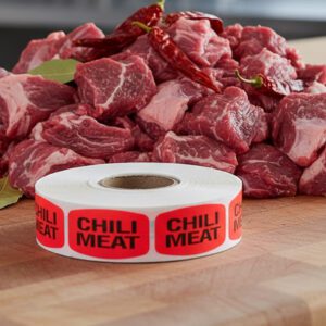 chili meat stickers on a roll of red labels with black print