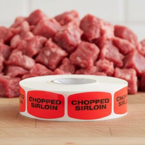 chopped sirloin stickers on a roll of red labels with black print