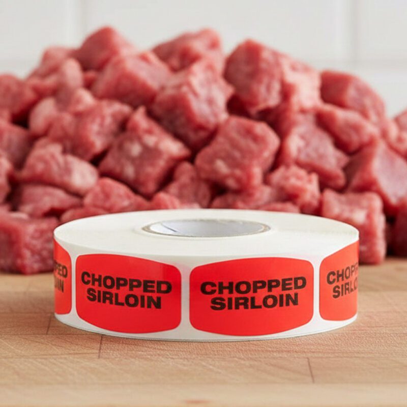 540031-Chopped-Sirloin-Label chopped sirloin stickers on a roll of red labels with black print