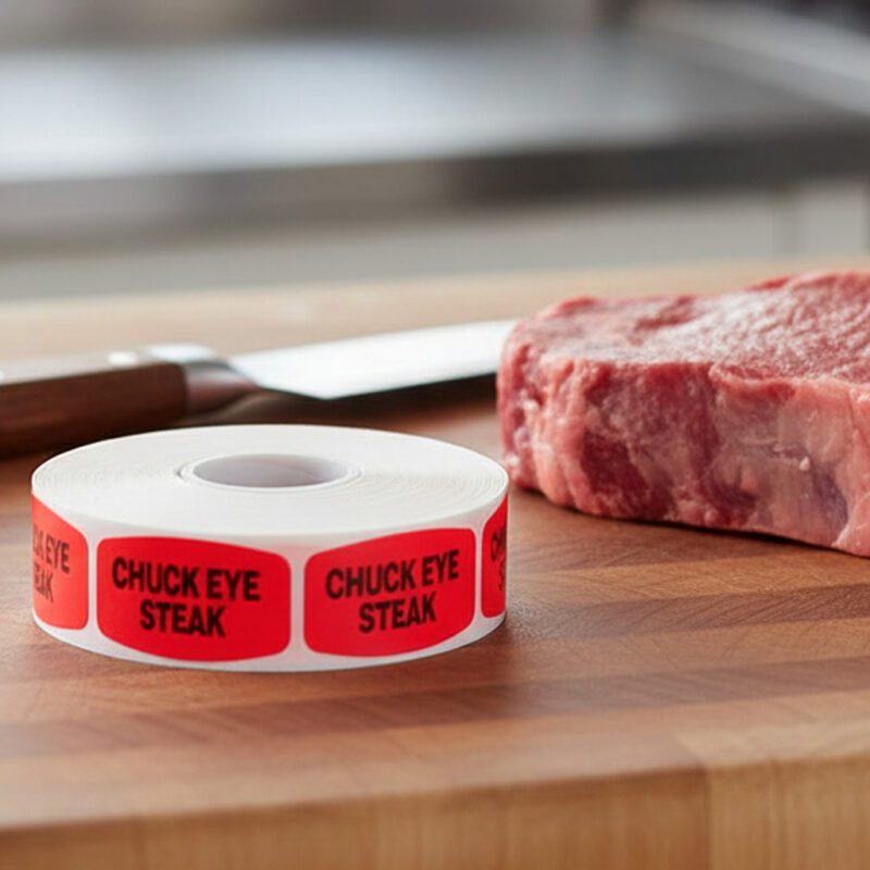 540032-Chuck-Eye-Steak-Label chuck eye steak stickers on a roll of red labels with black print