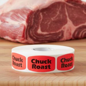 chuck roast stickers on a roll of red labels with black print