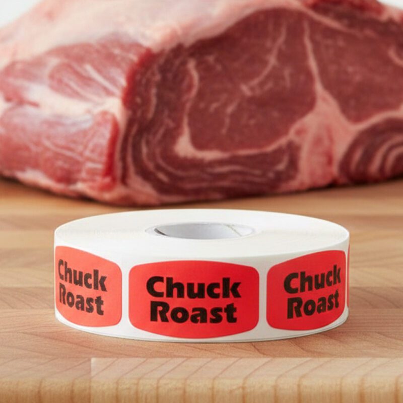 540034-Chuck-Roast-Label chuck roast stickers on a roll of red labels with black print