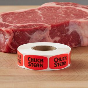 chuck steak stickers on a roll of red labels with black print