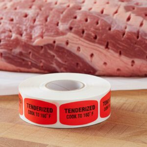tenderized cook to 160 degrees sticker on a red label with black text