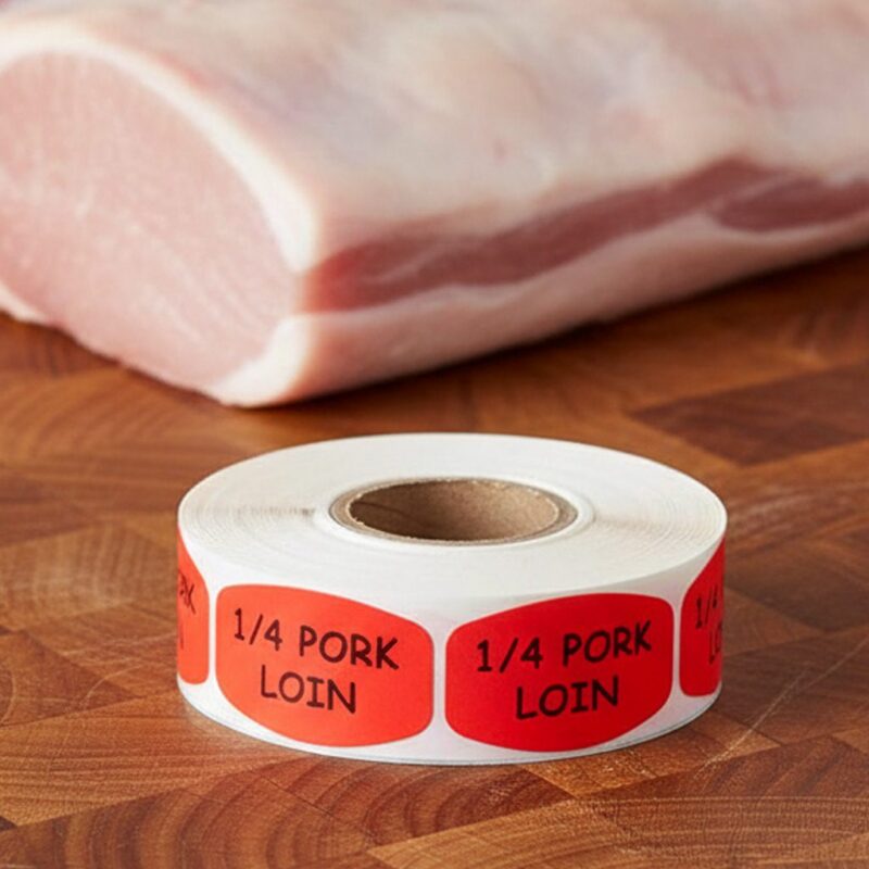 540311-1_4-Pork-Loin-Label-Butcher-Dayglo-Sticker 1/4 Pork Loin Label on butcher counter