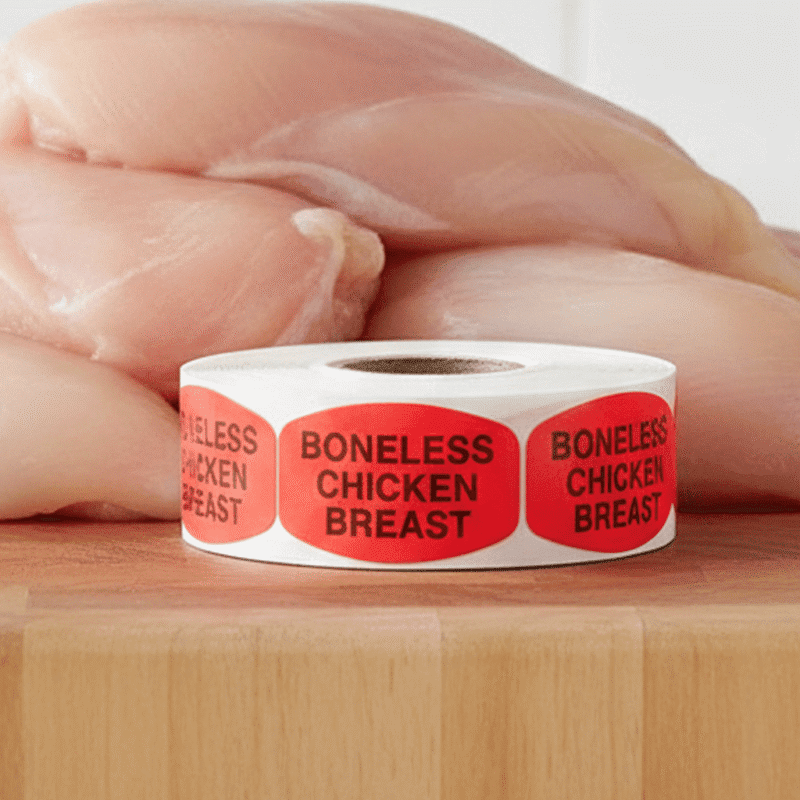 550006-Boneless-Chicken-Breast-Label-Butcher-Sticker boneless chicken breast stickers on a roll of red labels with black print