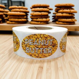 Peanut butter sticker on an oval label with peanuts in the background