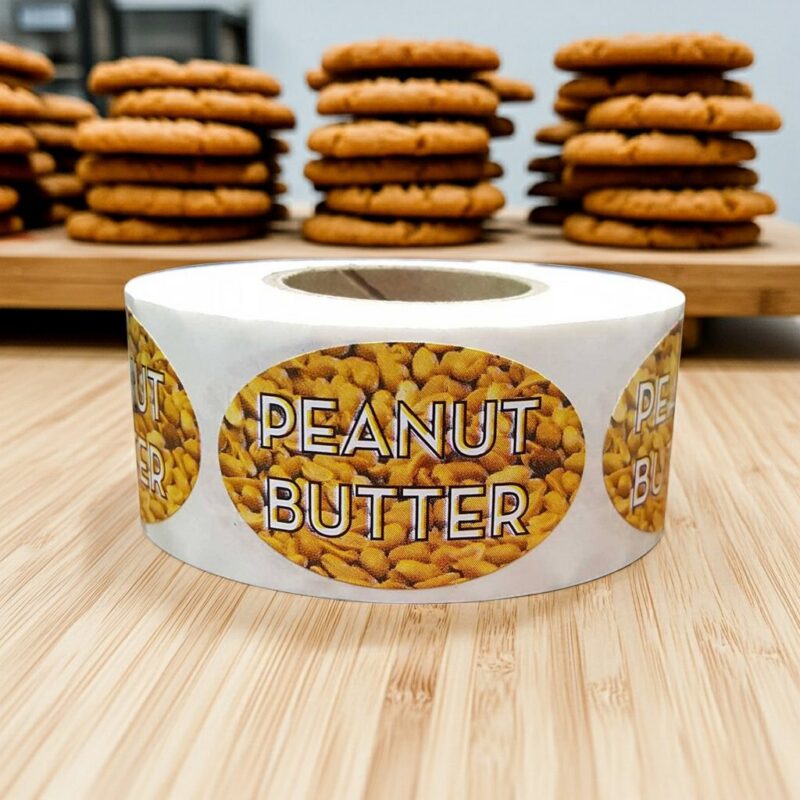 560084-Peanut-Butter-Label-Bakery-Flavor-Stickers Peanut butter sticker on an oval label with peanuts in the background