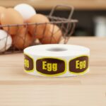 egg label on a brown sticker with yellow print