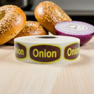 onion label with brown background and yellow print on a roll of stickers