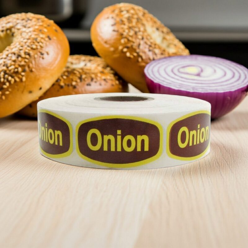 568059-Onion-Label-Stickers-Yellow-and-Brown-Print onion label with brown background and yellow print on a roll of stickers