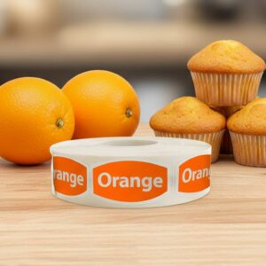 orange flavor label that reads orange and comes on a orange sticker with white print