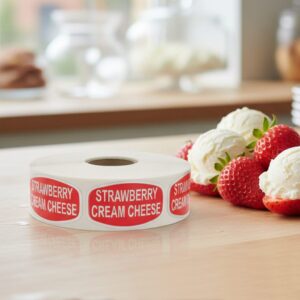 Strawberry cream cheese label on a roll of stickers