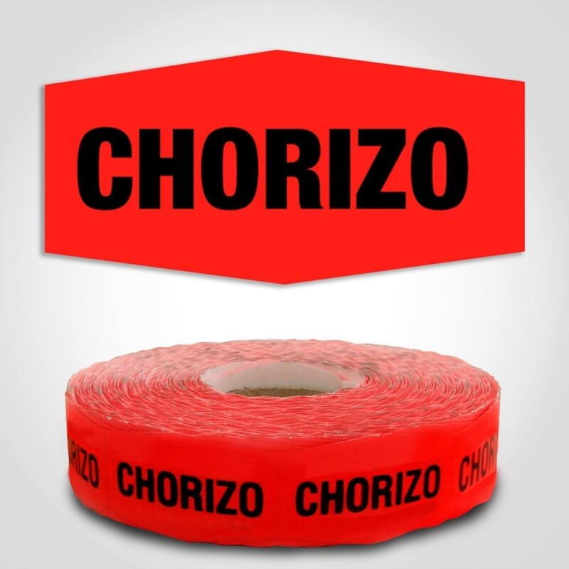 570044-1 Chorizo Sausage Label dayglo red on roll of stickers
