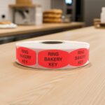 ring on bakery stickers on a roll of red labels with black print