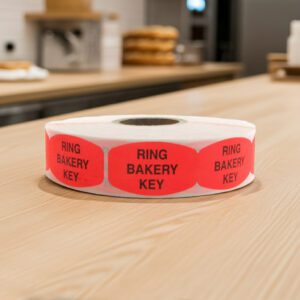 ring on bakery stickers on a roll of red labels with black print