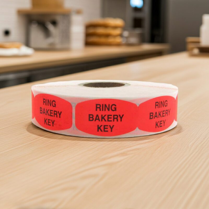 ring on bakery stickers on a roll of red labels with black print