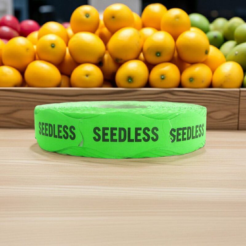 590011-Seedless-Label-Stickers seedless green sticker on a roll of labels