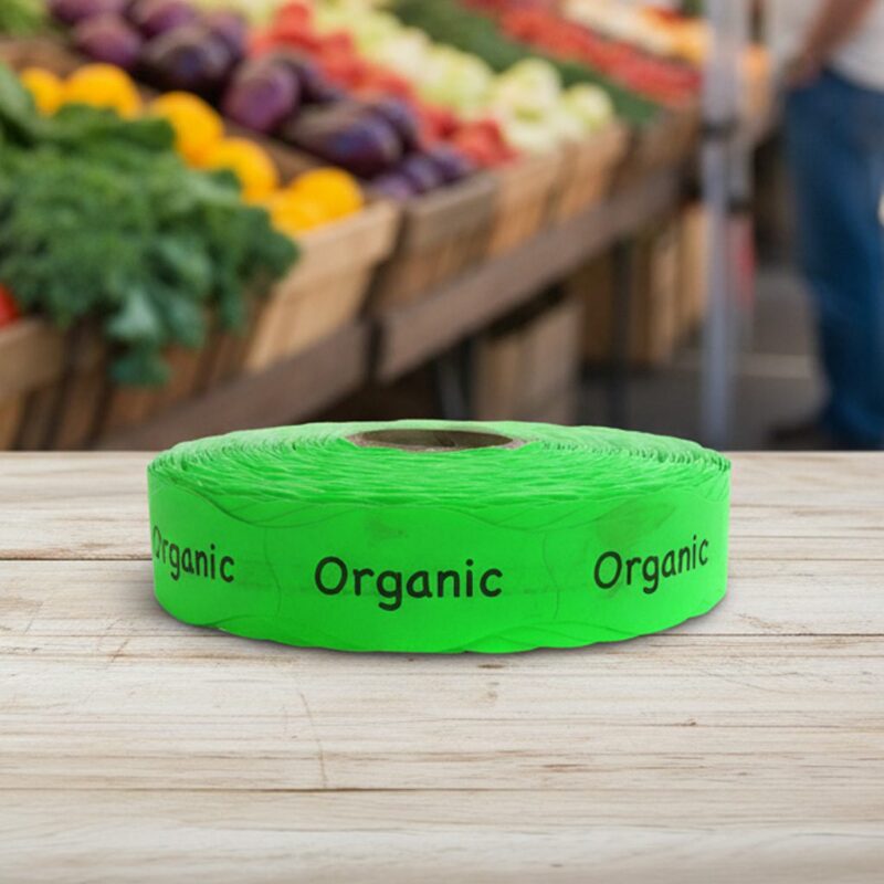 590040-Organic-Green-Day-Glo-Label-Stickers organic green sticker on a roll of labels