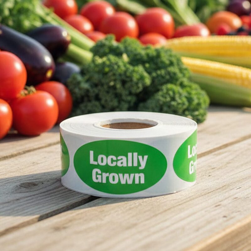 locally grown sticker on an oval label