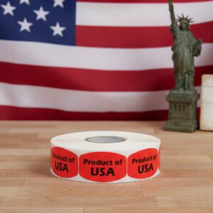 Product of USA sticker on a red label with black print