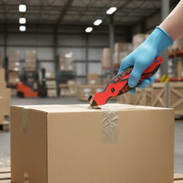 X-Change orange Safety Cutter with Tape Splitter in use cutting a box open