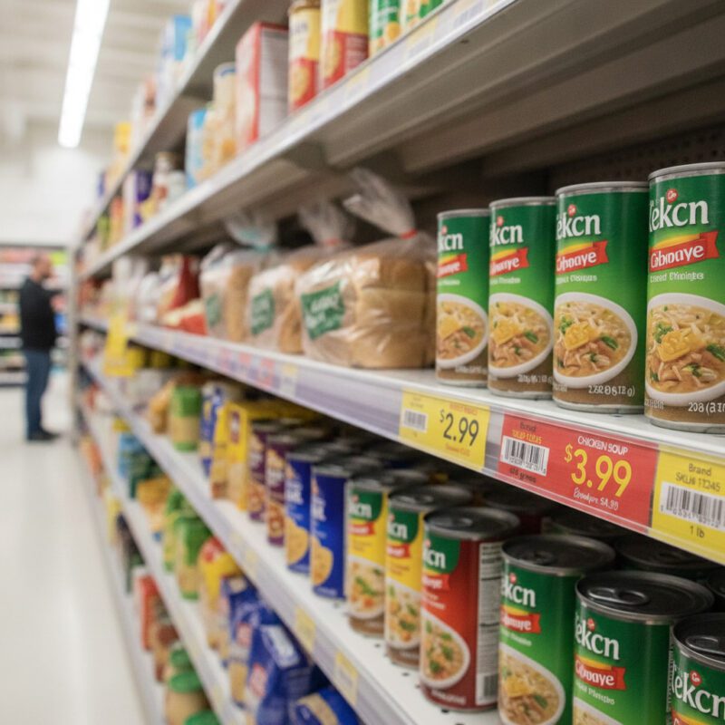 800010-Clear-Adhesive-Molding-Strips-48-inches_1 Clear Adhesive Molding Strips 48 inches in use in a grocery shelving