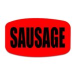 Sausage label on a red sticker with black print